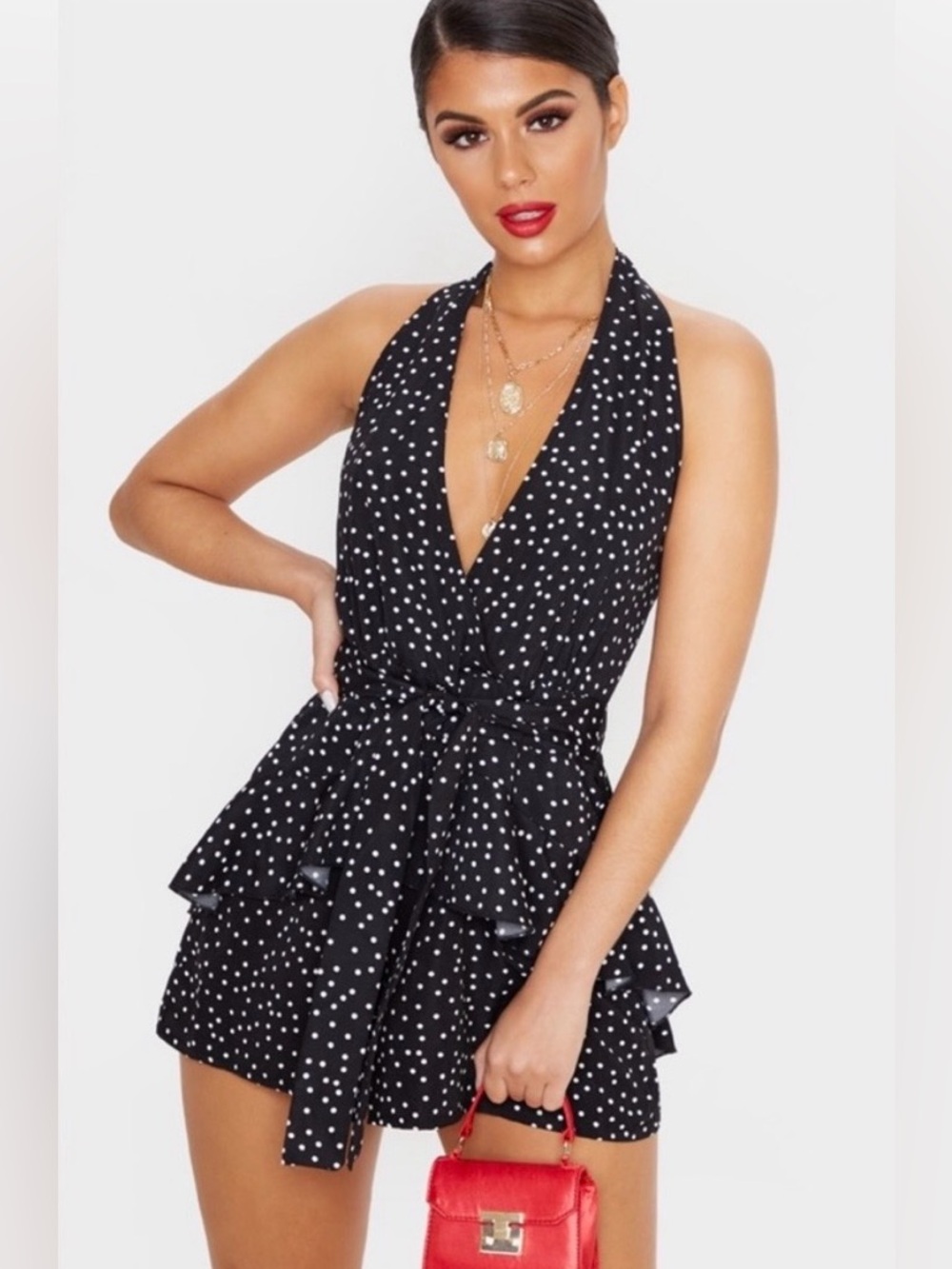 PrettyLittleThing Black and White Polka Dot Halter Playsuit One-Piece Romper